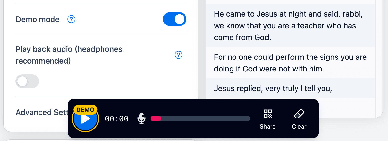 Demo mode player interface showing live transcription and translation