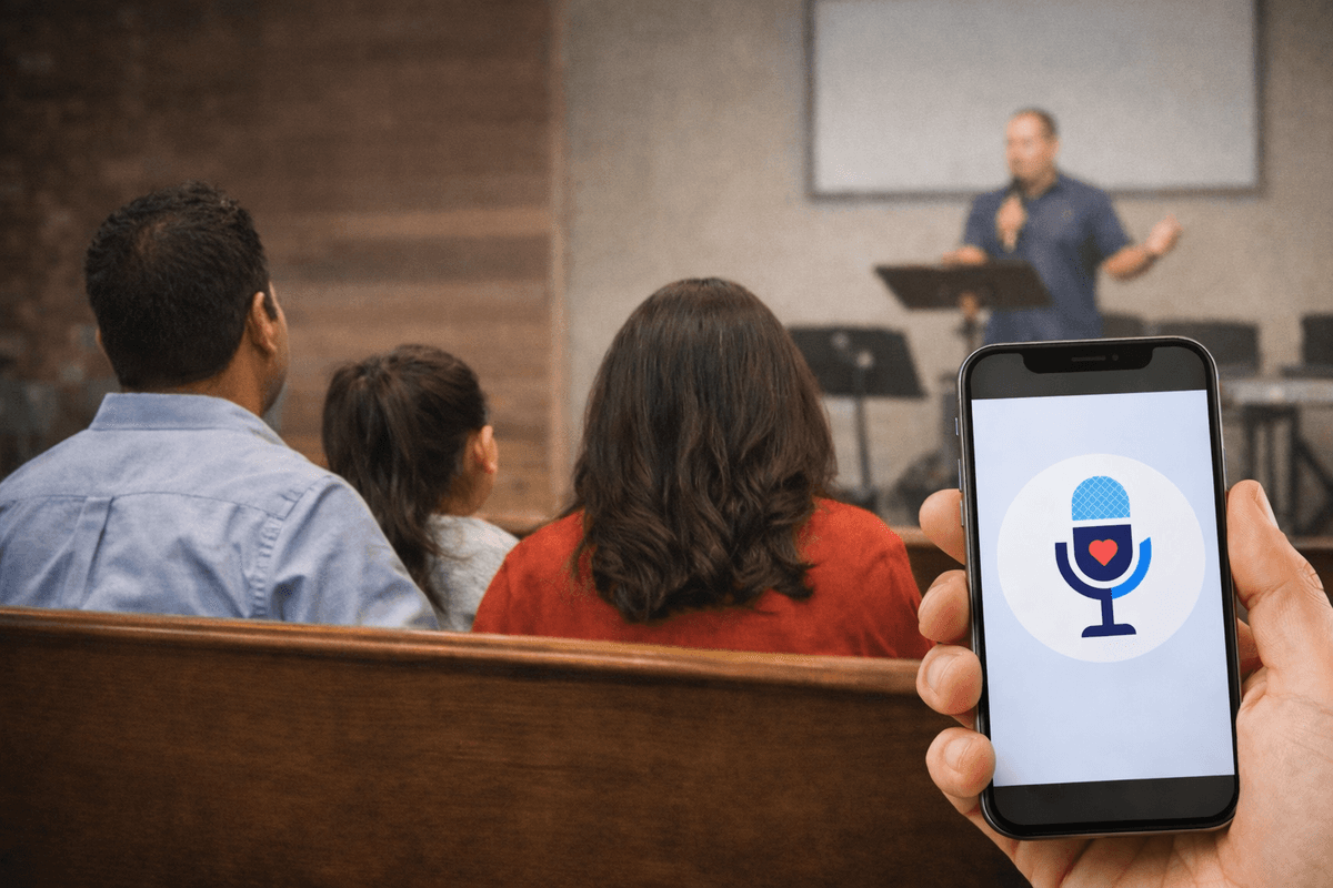 Person using smartphone for live translation during church service